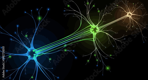 Neurons connect in a human brain with glowing green and blue lines.