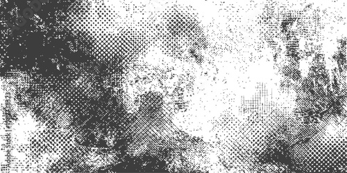 Black and White Grunge Halftone Texture Vector Background with Distressed Urban Scratches and Vintage Overlay