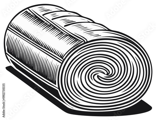 Artistic rendering of a rolled hay bale in a detailed engraved style.