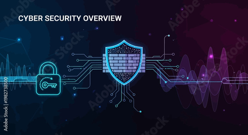 A cyber security overview showcases a shield and lock on a circuit board with sound waves.