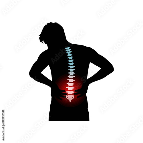 Back Pain Silhouette: Man with Lumbar Spine Ache, Red Inflammation
