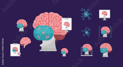 A person with a brain surrounded by screens and  globes displays technology and science concepts.