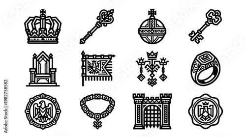 Set of Medieval Crown, Scepter, Orb, Ring And Decorative Emblems Icons