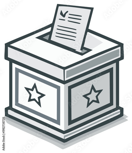 Illustration of a voting ballot box with a marked ballot inserted, featuring decorative stars.