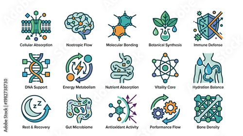 Set of Scientific Icons Representing Biological and Chemical Concepts in Modern Style