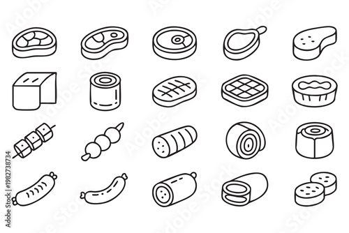 BBQ Meat and Protein Food Line Icon Set for Cooking and Menu Design