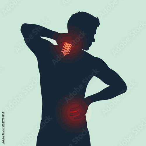 Man suffering from neck and back pain, highlighted red pain points