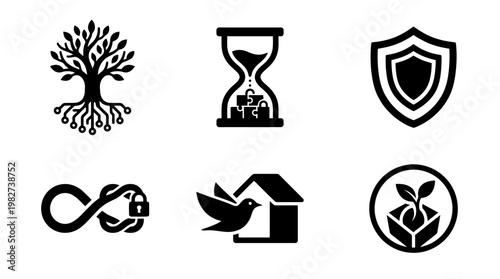 Set of Simple Black Icons Representing Nature Time Security House and Environment
