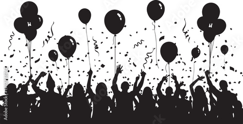 Silhouette of people celebrating with balloons and confetti
