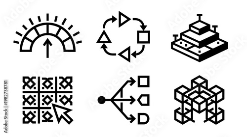 Set of Modern Icon Vectors Including Circular Arrow Cycle Gauge Building Blocks and 3D Cubic Pattern