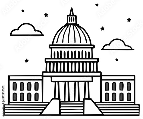 Stylized black and white line drawing illustration of capitol building with dome, clouds, and stars in simple graphic style