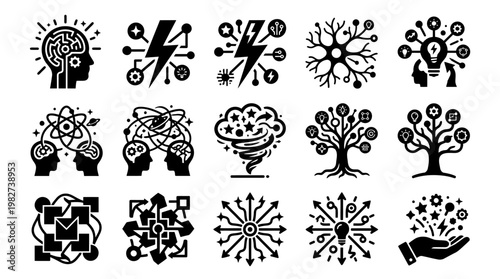 Set of Modern Black Icons Representing Scientific Concepts and Technology Symbols