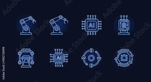 Eight glowing blue robotic and technology icons displayed on a dark background