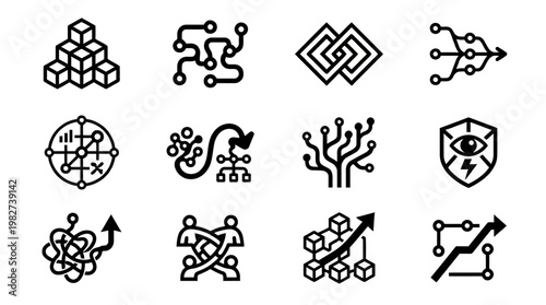 Vector Icon Set of Technology and Data Connectivity Symbols in Modern Outline Style