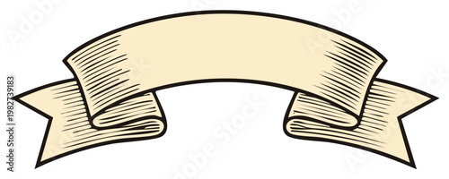 Elegant scroll banner with sketch style hatching details, vintage label vector illustration, ribbon blank for text, beige decorative element