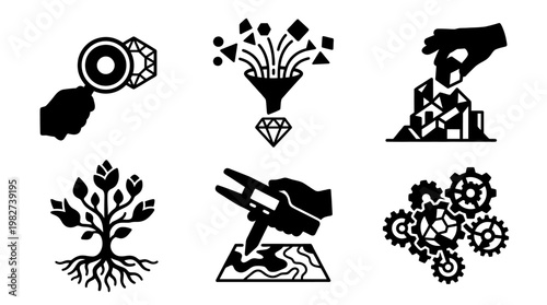 Set of Six Black and White Eco-Friendly and Scientific Icons for Nature and Environment Themes