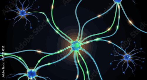 Glowing neurons connect in a dark scientific environment with vibrant green and blue lines.