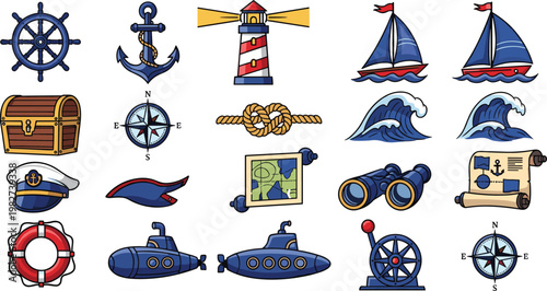 Nautical and Marine Icons Vector Set Featuring Anchor Lighthouse Ship Wheel Waves and Sailing Elements