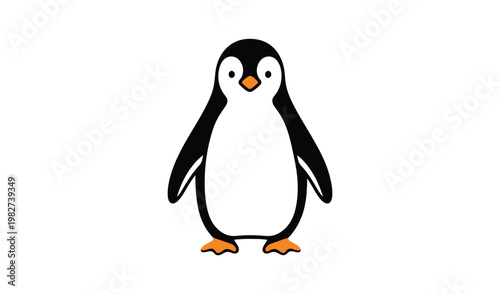 Adorable penguin standing upright on a white background, showcasing its black and white plumage with orange feet and beak, exuding a cheerful and playful mood.