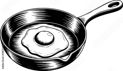 Black and white of a fried egg in a skillet a white background, cooking