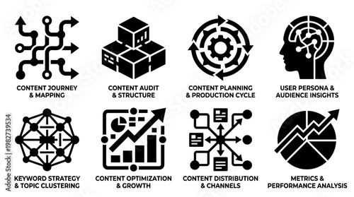 Icons Set for Content Strategy, Data Analytics, and Creative Workflow Illustration