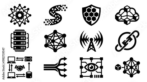 Icons Set of Technology and Network Symbols for Digital Communication and Data Storage