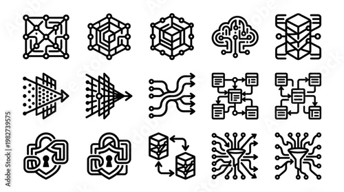 Vector Icon Set Of Technology And Data Schemes In Flat Design Style