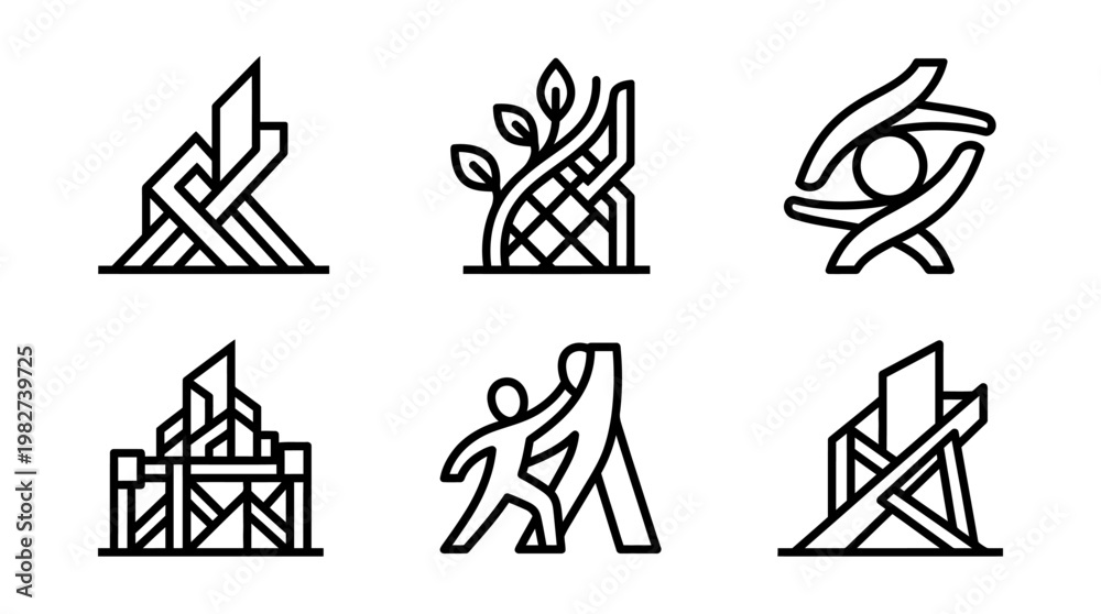 Fototapeta premium Set of Creative Geometric Plant and Animal Illustration Icons in Modern Line Style