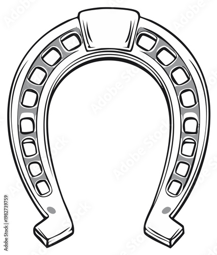 Classic horseshoe illustration. Metal horse shoe for luck. Black and white steel horseshoe drawing. Vintage horseshoe symbol.