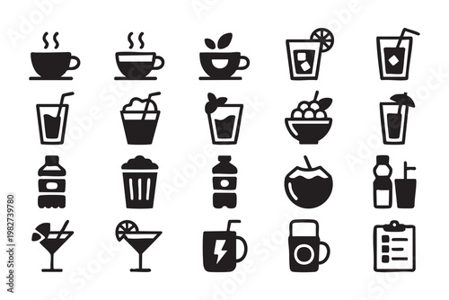 Coffee Tea and Fruit Drink Silhouette Icons for Beverage Concepts