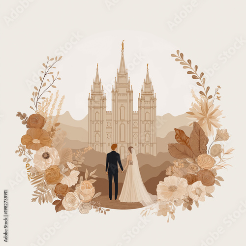 A stunning wedding invitation for the mormon temple wedding. Latter Day Saint Church of Jesus Christ graphics. A couple holding hands in front of the temple with soft tones and florals