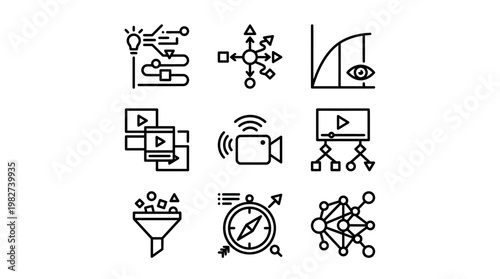 Icons Set Displaying Digital Technology and Data Concepts in Minimalist Line Style