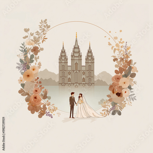 A stunning wedding invitation for the mormon temple wedding. Latter Day Saint Church of Jesus Christ graphics. A couple holding hands in front of the temple with soft tones and florals