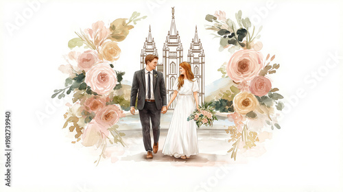 A stunning wedding invitation for the mormon temple wedding. Latter Day Saint Church of Jesus Christ graphics. A couple holding hands in front of the temple with soft tones and florals