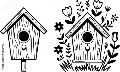 Charming black and white birdhouse with flowers and foliage nature garden spring