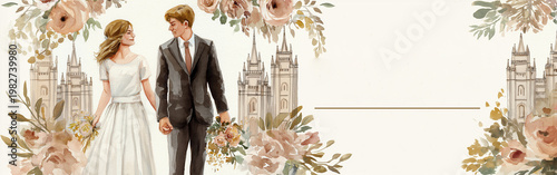 A stunning wedding invitation for the mormon temple wedding. Latter Day Saint Church of Jesus Christ graphics. A couple holding hands in front of the temple with soft tones and florals