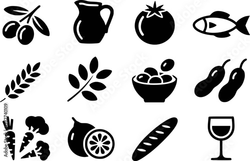 Collection of black food olives, pitcher, tomato, fish, wheat, leaves, vegetables, bread, wine