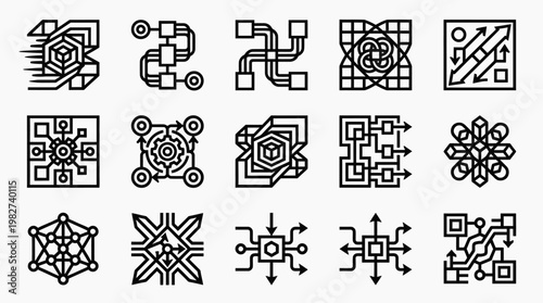 Vector Icon Set of Abstract Geometric Network Symbols for Technology and Digital Connectivity