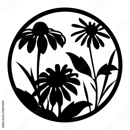 Black flower silhouette vector, echinacea and daisy floral circle frame, botanical garden stencil for laser cutting and vinyl decals