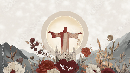 A stunning graphic image of Jesus Christ and Mormon Temple with mountains and florals, illustration, 