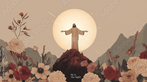 A stunning graphic image of Jesus Christ and Mormon Temple with mountains and florals, illustration, 