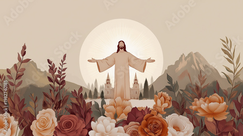 A stunning graphic image of Jesus Christ and Mormon Temple with mountains and florals, illustration, 