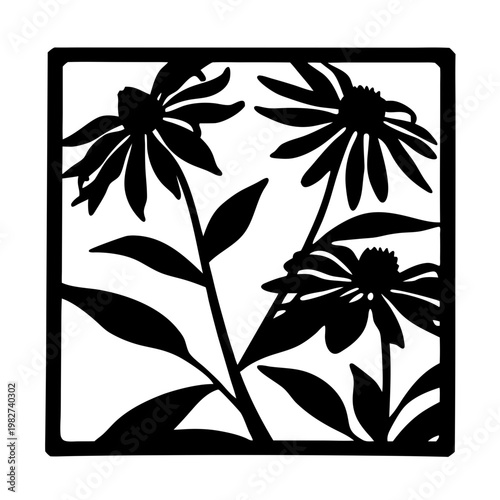 Quadro em tela Black floral silhouette vector of echinacea flowers, botanical garden coneflower