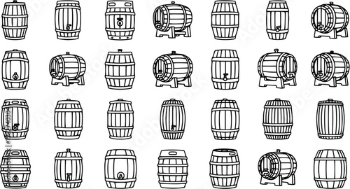 Black and White Line Art Icons of Various Wooden Barrels and Casks, Vector Collection