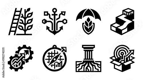 Vector Icon Set Featuring Agriculture Environmental and Technology Symbols in Monochrome Style