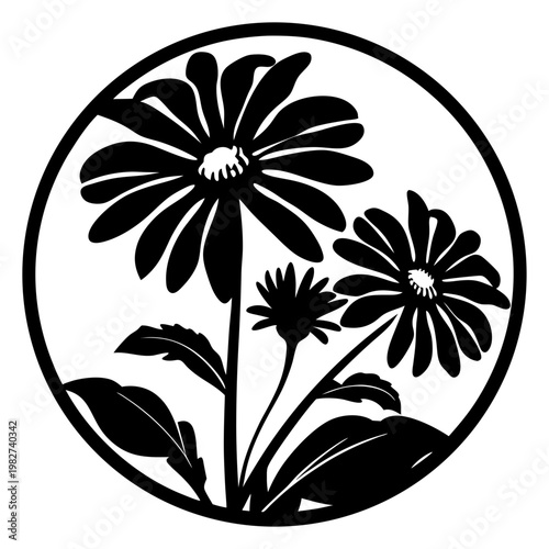 Minimalist daisy flower silhouette vector, black floral circle emblem, botanical garden plant illustration for laser cutting and vinyl decals