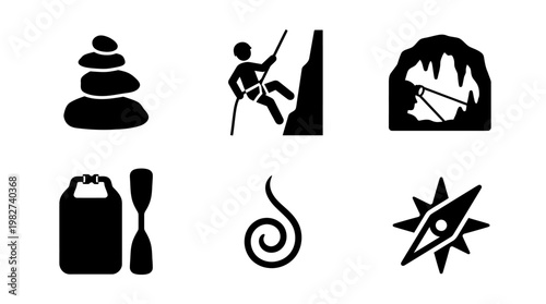 Set of Fitness and Outdoor Adventure Icons in Black and White for Sport and Recreation Design