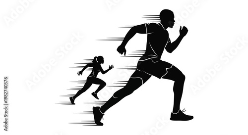 Two athletes running with speed and determination depicted in stark silhouette