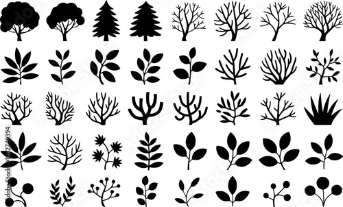 Collection of black silhouette botanical trees, leaves, branches, and berries leaf