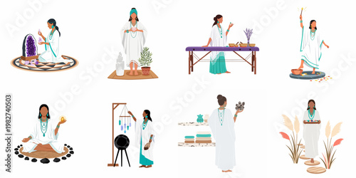 Collection of flat vector illustrations depicting women engaged in spiritual rituals, crystal healing, meditation, and holistic wellness practices